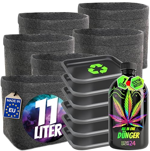Homegrow24 Cannabis Dünger Indoor & Outdoor für Cannabispflanzen Wachstumsphase und Blütephase BIOlogischer organischer Grow & Bloom Hanfdünger I Set (6 Filztöpfe & Untersetzer + 1000ml Dünger)