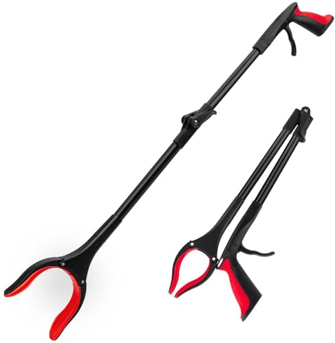 THINKWORK Recogedor de arena de 81 cm, plegable, para discapacitados, adultos y ancianos, recogedor de basura con mandíbula antideslizante giratoria de 90° (rojo)