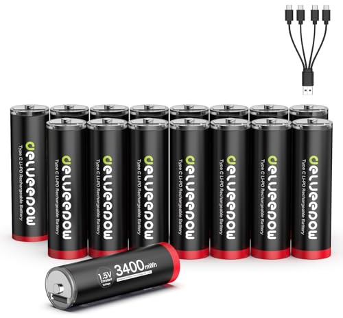 Delyeepow Pilas AA de litio recargables USB C, 1,5 V, 3400 mWh, USB, pilas AA recargables, 1500 ciclos, 16 unidades