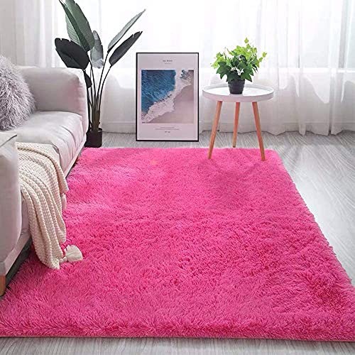 Moderner weicher pelziger Zottelteppich für Wohnzimmer, Schlafzimmer, Kinderzimmer, flauschiger langer Fellteppich für Mädchen und Jungen, bequeme Heimdekoration, Rose, 80 x 200 cm