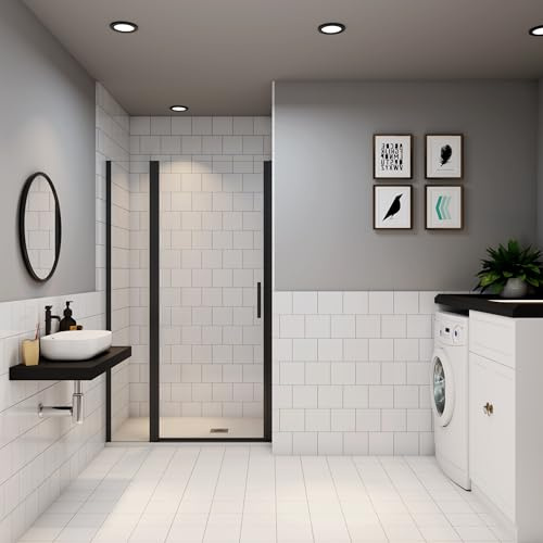 Porte de douche pivotante noire en niche 130x200cm porte de douche avec un élément fixe en verre securit anticalcaire