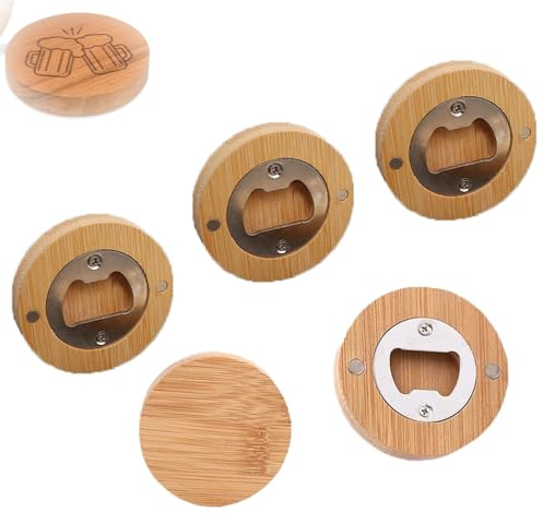 Abrebotellas magnético de madera, 5 unidades, abrebotellas de bambú, portátil, con debilitamiento de campo, adsorbible para imanes de nevera personalizados, 6 cm de diámetro