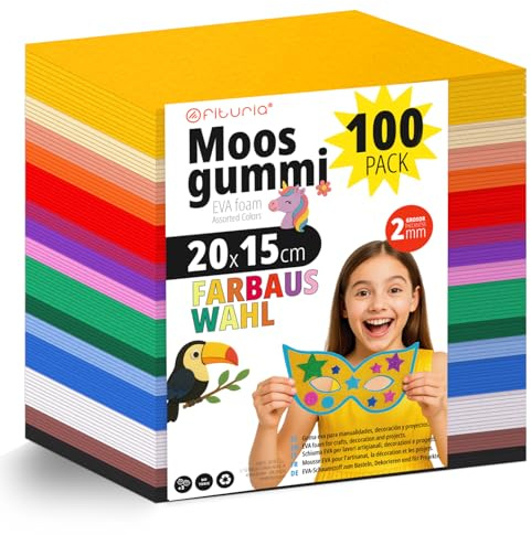 OFITURIA 100 Blatt Moosgummi Set, Bunte Farben, Format 20x15 cm – Ideal für Bastelprojekte, DIY, Schule, Kunst & Dekoration (Glitzer)