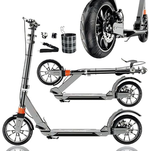 CXYTX Cityroller Scooter 200mm Räder PU Big Wheel, Scooter Kinder ab 8 Jahre, Tretroller mit Doppel Federung, bis 150kg, klappbar und Höhenverstellbar Roller luftreifen, für Erwachsene,Schwarz