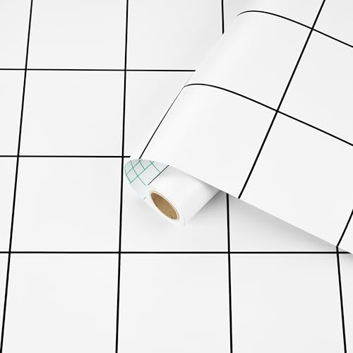 Skyblur Self Adhesive Black and White Wallpaper Geometric Brick Effect Bathroom Wallpaper Waterproof White Vinyl Wrap 40x300cm Kitchen Wallpapers Sticky Back Plastic Roll Kitchen Worktop Vinyl Wrap