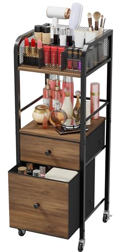 HapiRm Rolling Makeup Cart Organizer - Floor Skincare Make Up Storage with 2 Non-woven Fabric Drawers, Vanity Organizer Cosmetic Display Cases Holder for Skin Care Perfume Nail Polish Brush Hair Tool
