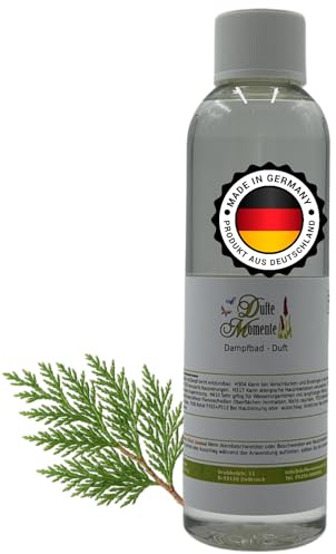 Dufte Momente Dampfbad Duftkonzentrat Zedernholz 250ml – edel-holziger Wellnessduft mit ätherischem Zedernholzöl – für Dampfbäder, Verdampferanlagen & Dampfduschen – vegan, Made in Germany