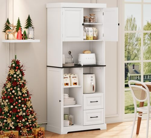 SILUMIN 71 Tall Kitchen Pantry Cabinet, White Wooden Storage Cabinet with Drawers & Wire Hole & Adjustable Shelves & Anti-Tip Device, Multipurpose Pantry Cabinets for Kitchen Bathroom Living Room