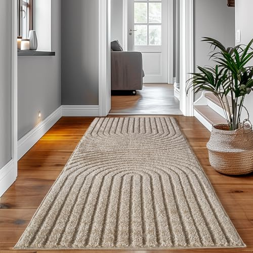 SIMPEX Teppich Läufer 80x250 cm Beige Hochflor Skandi Boho Design Hoch-Tief Effekt Weicher Shaggy Langflor Flauschig Robust Pflegeleicht Modern für Schlafzimmer, Flur