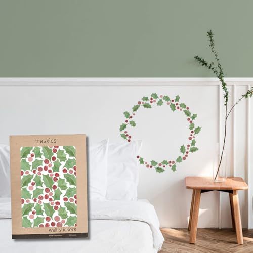 Pegatinas Navidad Ramas de Acebo Pared o Ventana | 26 Hojas y 51 Frutos | Vinilo Adhesivo Pared | Efecto Papel Pintado | Fácil Aplicación y Removible | TRESXICS (Rojo)