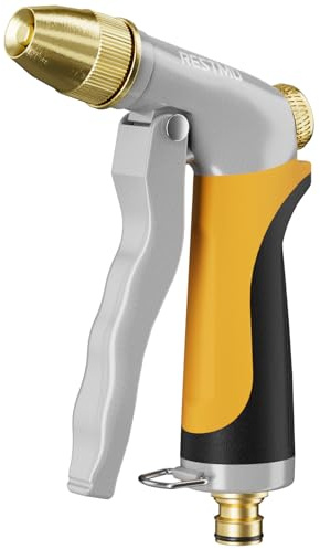 RESTMO High Pressure Hose Pipe Spray Gun, 100% Metal Garden Hose Gun with Solid Brass Head, Adjustable Water Flow, 4 Spray Patterns, Ideal for Car Washing, Gardening, Patio & Window Cleaning, Yellow
