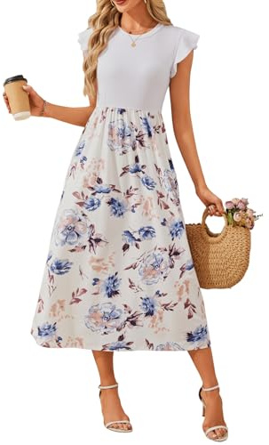 HEEKPEK Abito Donna Estivo Lungo Vestito Girocollo Scollo con Manica a Volant Vestiti Eleganti Chic Stampa Abiti da Mare Casuale Spiaggia con Tasca(Fiori Bianchi,L)