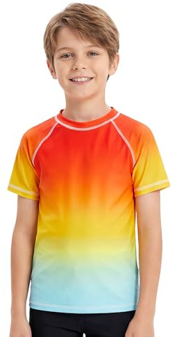 JinBei Boys Rash Guard, Rash Vest Kids Swim Top Quick Dry Short Sleeve Tee Shirt Swimwear Teens Sun Protection UPF 50 Swimsuit Red Gradient for Water Sports Surfing Beach, 3-4 Years