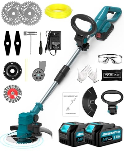 Rasentrimmer mit Akku Für Makita, 4 in 1 Akku Rasentrimmer Mit 4 Arten Klingen Und 2 Akku, 21V Bürstenloser Akku Freischneider Mit Seitlichen RäDern FüR Einfaches Trimmen Der Kanten. (Blue)