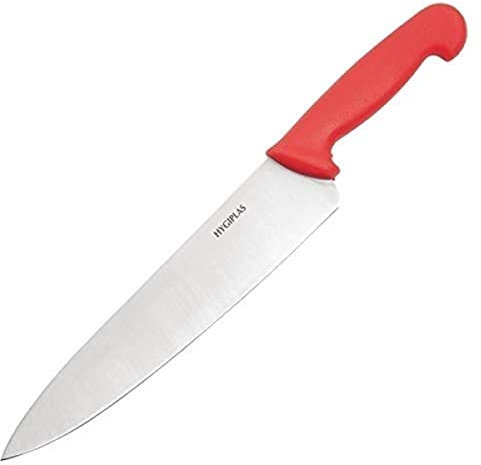 Hygiplas Chefs Knife 25 cm/10 inch Blade, Red, Colour-Coded Cooks Knife - Red for Raw Meats, Weight: 200 g, Knife Length: 385 mm, Dishwasher Safe, Rockwell Hardness 52-57 degree , C886