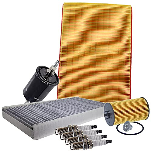 BESTPRICE Inspektionspaket Filterset mit 1x Ölfilter, 1x Luftfilter, 1x Innenraumfilter (Pollenfilter) mit Aktivkohle, 1x Kraftstofffilter, 4x Zündkerze, Kompatibel mit OPEL CORSA C (X01)