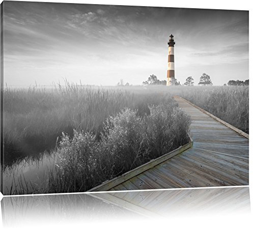 Pixxprint schöner Leuchtturm mit Steg B&W, Größe: 60x40cm, Leinwandbild, fertig gespannt, Wandbild, Dekoration, Kunstdruck, kein Poster