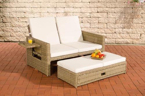CLP Polyrattan 2er-Loungesofa Ancona 5mm I Rundrattan Garten-Sofa Mit Ausziehbarem Fußteil Und Verstellbarer Rückenlehne I, Farbe:Natur, Polsterfarbe:Cremeweiß