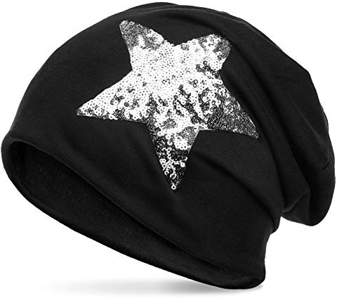 Caspar MU138 Klassiche leichte Beanie Mütze mit Glitzer Stern, Farbe:schwarz, Größe:One Size