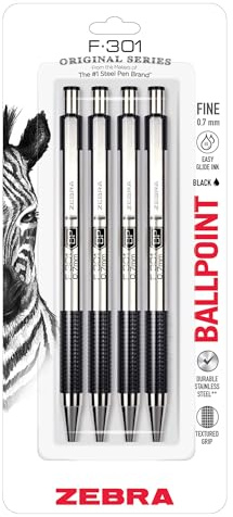 Zebra Pen F-301 Ballpoint Black Ink Fine Point 0.7mm Pen, Easy-Glide Ink, Stainless Steel Retractable, Non-Slip Grip, Professional Design, Ideal for Office, Journal and Planner Use, 4-Pack (27114)