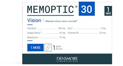Densmore - MEMOPTIC Complément Alimentaire Mémoire et Vision à base de Citicoline (traitement Glaucome) - Ginkgo biloba Magnésium Vitamine B5 Zinc - 30 comprimés - Cure de 1 mois - Fabriqué en France
