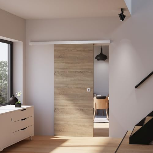 inova Holz-Schiebetür 755 x 2035 mm Wildeiche Alu Komplettset mit Lauf-Schiene und Quadratgriff