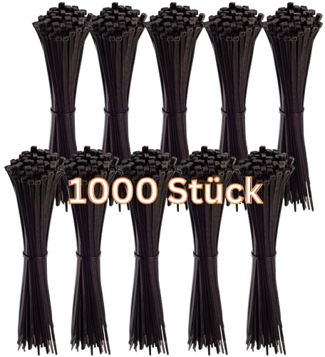 Gocableties Kabelbinder Schwarz 1000 Stück 370 x 4,8 mm UV-beständig | 22,2 kg Zugfestigkeit, UV-beständig