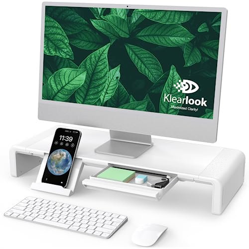 Foldable Monitor Stand - Klearlook Computer Monitor Riser with Storage Drawer&Tablet Phone Stand| Width Adjustable Monitor Stands for Desks| Desk Shelf Riser for Computer, Desktop, Laptop| White