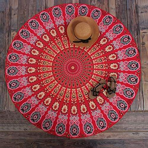 Traditional Jaipur Runde rote Farbe Pfauenfeder Mandala werfen Tapisserie, Hippie-Wandbehang, rundes Strandtuch, böhmische Wandteppiche, Boho-Picknickdecke,