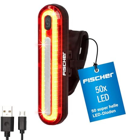 Fischer Fahrrad LED Akku-Stableuchte, 50 LEDs, Rücklicht, rear mit Akku und USB-Ladefunktion, Spritzwasserschutz nach IP44, StVZO-zugelassen, Schwarz