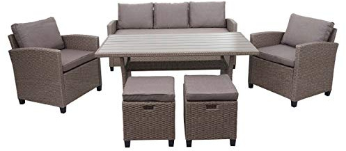 Mendler Poly-Rattan Garnitur HWC-E95, Garten-/Lounge-Set Sitzgruppe, Spun Poly halbrundes Rattan - grau-braun, Kissen grau