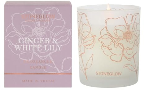 Stoneglow Bougie dans un pot en verre Motif fleur de jour gingembre et lys blanc