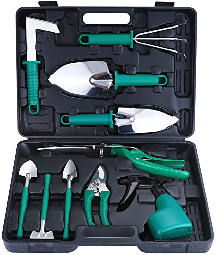 eROOSY 10 Pezzi di Set di Attrezzi da Giardinaggio, Gli attrezzi da giardinaggio Kit da giardinaggio in acciaio inox con valigetta, Regali per Gli Appassionati di Giardinaggio, Arancione (Verde)