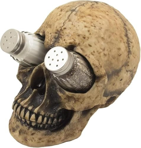 Ebros Gift Spooky Evil Grinning Human Homosapien Skull Salt and Pepper Shaker Set Figurine Display Stand Holder for Halloween Party Decorations Gothic Kitchen Decor Collectible Novelty Gifts