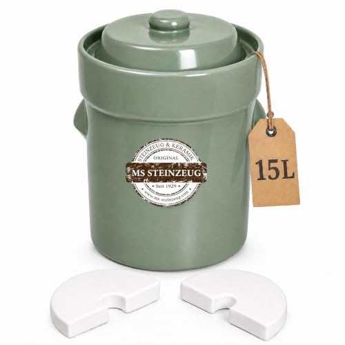MS-Steinzeug Gärtopf 15 Liter Pastellgrün mit Deckel + Beschwerungssteine - Sauerkrauttopf zum Fermentieren und Konservieren - Ideal für Vegetarier und Veganer - Inkl. Rezepte