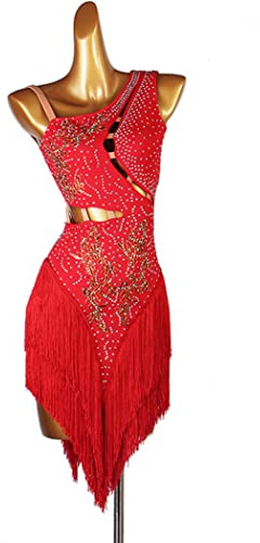 JRUIA Abito da Ballo Latino con Frange per Donna Senza Maniche Waltz Cha Cha Competition Costumi Abiti da Ballo Senza Schienale Salsa Spettacolo di Tango Vestiti da Ballo,Rosso,L