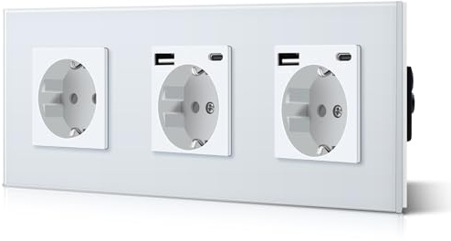 BSEED 3 Fach Schuko Steckdose Unterputz 3 in 1 Steckdosen mit 2.1 A USB Ladeleistung und Type C Adapter Aufladestation Verlängerungssteckdosen Glas 228mm Weiß
