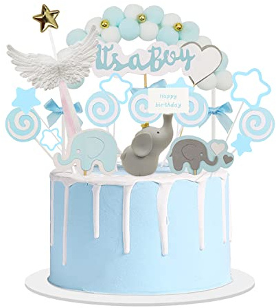 OMIGA 21 Piezas Decoracion Tartas Cumpleaños Elefante Adornos Tarta Bautizo Chico Pancarta Ángel Corazones Brillantes Decoración para Tarta de Baby Shower (Azul)