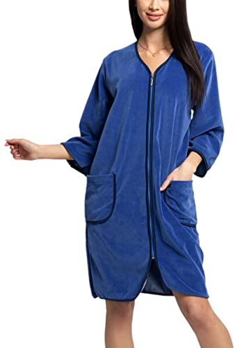 Damen Velours Bademantel Morgenmantel mit Reißverschluss, Jeans, 4XL | Aquarti Velours Morgenmantel Kurz