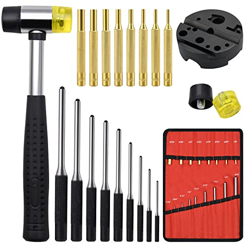 LFSEMINI Pin Punch Set, 22pcs Removing Repair Tools, Including Universal Block, Brass Pin Punches, Steel Pin Punches and Hammer