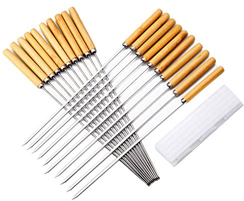 Kebab Skewers, 20 Pcs Stainless Steel BBQ Skewers Reusable Metal Skewer Sticks Flat and Round Barbecue Meat Skewers Grilling Skewers with Wooden Handle Cooking Tools KC2001 20PCS