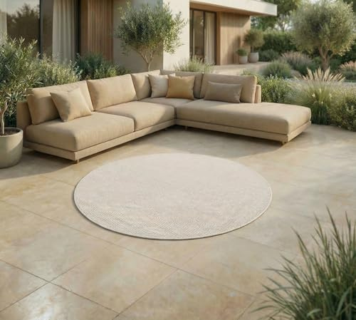 Jimri Tapis d'intérieur et d'extérieur – Tapis résistant aux intempéries pour Balcon, terrasse, Jardin, Cuisine - résistant aux Rayons UV et à l'eau - 120 cm Rond, Blanc