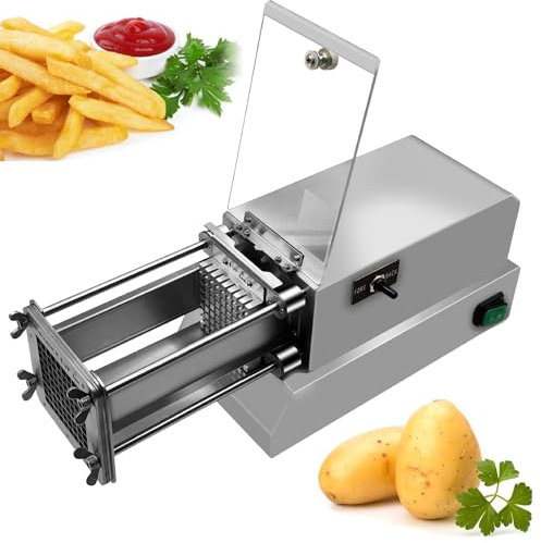 XDLYWUZIQ Electric French Fry Cutter, Electric Potato Chip Cutter Stainless Steel Potato Chipper with 4 types of Blade, Great for Potatoes Carrots Cucumbers for Commercial Kitchen,Silver