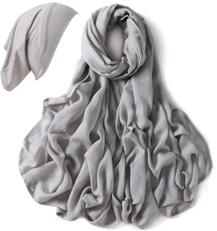 Faticinfa Hijab de viscosa para mujer con juego de gorras de hiyab de color a máquina, hiyab de algodón con bufanda interior de moda hiyab, Gris, 185x85CM