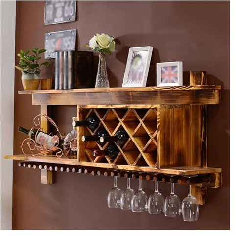 Portabottiglie da Parete in Legno,Porta Bottiglie di Vino da Parete,Porta Calici da Parete,Scaffale di Esposizione di Stoccaggio del Vino,Cantina Vino Legno,Porta Vino da Parete,Supporto in Vetro (Co