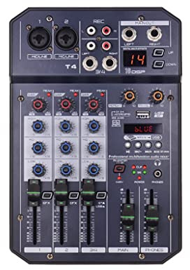 DLOETT T4 Carte son portable 4 canaux Console de mixage audio Mélangeur audio intégré 16 DSP 48 V Alimentation fantôme Prend en charge la connexion BT MP3
