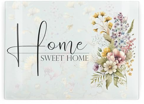 Home Sweet Home Large Rectangular Glass Worktop Protector - Floral Housewarming Gifts - Smooth Board Kitchen Chopping/Cutting Board Worktop Saver with Non-Slip Feet 39cm x 28.5cm (15 x 11)