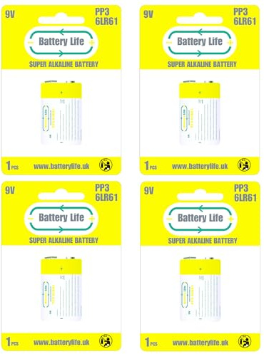 Battery Life 9v PP3 Batteries (Pack of 4) for Smoke Fire Alarm Detector Square Block MN1604 6LR61 6F22 Alkaline Long Life UK Brand