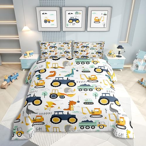 Jungen Cartoon Auto Bettwäsche Set 135x200,Kinder Bau Fahrzeuge Tröster Abdeckung für Kind Kleinkind Teens,Dinosaurier Bettbezug,Traktor Maschinerie Bagger Bettdecke Abdeckung,Lkw Autos Bettwäsche