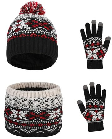 Waylipun 3 in 1 Wintermütze Schal Handschuhe Set - Warme Strickmütze Mit Plüsch Innenfutter für 2-7 Jahre Kinder Jungen Mädchen (Schwarz)